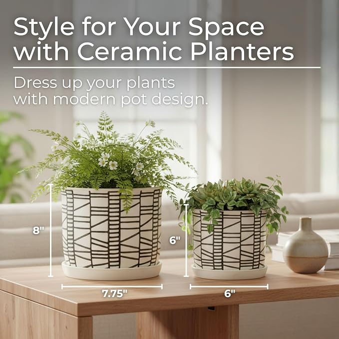 Set of 2 Geometric Decorative Ceramic Planter Pots with Saucer – Stoneware Outdoor & Indoor Plant Pots with Drainage – Modern Garden & Home Decor Ceramic Planters – 6" & 8", Ivory