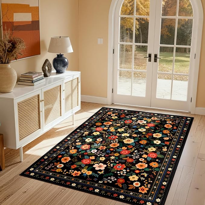 Washable Floral Area Rug for Living Room 3x5 Black | Non-Slip，Vacuum-Friendly, Low Pile, Flower Carpet for Bedroom Kitchen Entryway Dining Room Office Nursery