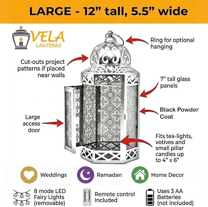 Vela Lanterns Decorative Indoor Red Gothic Fairy Light Candle Holder, L | Witchy Whimsigoth Fantasy Home Decor, Halloween Vampire Spooky, Moroccan Metal Hanging Flameless LED Lamp, 12" Tall