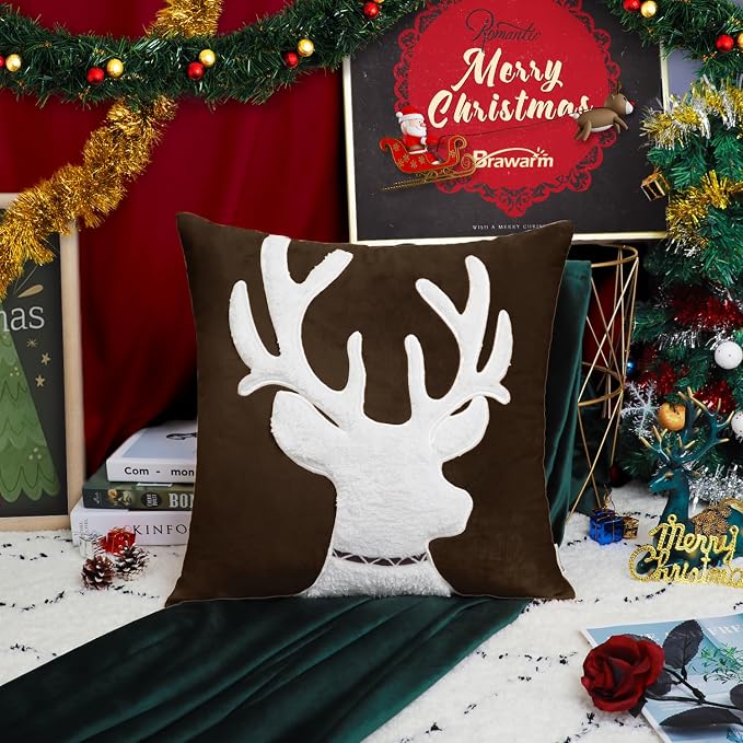 BRAWARM Christmas Pillow Cover 20 X 20 Inches, Coffee Reindeer Embroidered Pillow Cover, Soft Velvet Decorative Throw Pillow for Couch Bed Sofa Living Room Home