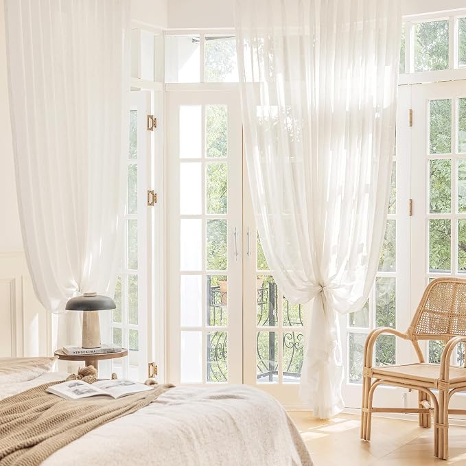 FMFUNCTEX Beige Linen Sheer Curtains, 63 Inches, 2 Panels for Bedroom | Natural Semi Sheer Drapes, Flax Linen, Rod Pocket, Light Filtering, Farmhouse French, Kitchen, Privacy, for Living Room