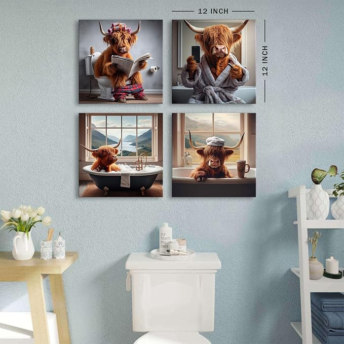 Bathroom Highland Cow Wall Decor Funny Cow Wall Art Rustic Longhorn Animals Bathtub Pictures Western Cattle Canvas Prints Artwork Vintage Country Cows Posters Restroom Bedroom Decorations 12x12" 4Pcs