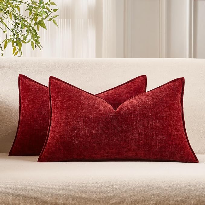 JUSPURBET 16x24 Throw Pillow Covers Set of 2 Decorative Pillow Covers for Couch Sofa Bed Cozy Chenille Lumbar Cushion Covers Cases with Invisible Zipper for Living Room Home Decor,Red