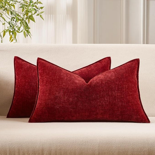 JUSPURBET 16x24 Throw Pillow Covers Set of 2 Decorative Pillow Covers for Couch Sofa Bed Cozy Chenille Lumbar Cushion Covers Cases with Invisible Zipper for Living Room Home Decor,Red