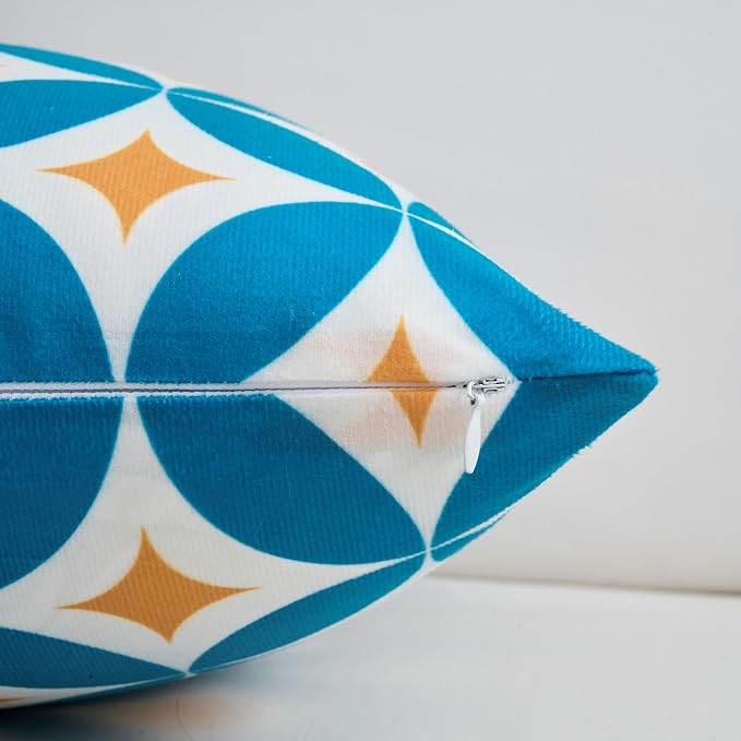 Set of 4 Boho Throw Pillow Covers 18x18 Inch, Blue Orange Pattern Decorative Pillow Case Soft Square Velvet Cushion Covers for Couch, Sofa, Living Room, Bedroom, Patio, Porch, Outdoor Home Décor