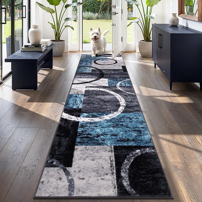 Yamaziot 2x8 Washable Modern Abstract Runner Rug Non-Slip for Hallways | Stain Resistant Kitchen Rug with Rubber Backing, Low Pile, Ultra Soft Carpet Runner for Bedroom, Laundry, Entryway, Blue