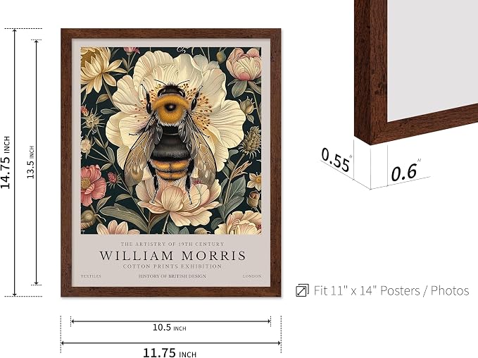 Poster Master William Morris Poster - Bumble Bee Print - Flower Art - Botanical Art - Exhibition Illustration - Animal Illustration - Floral Painting - Bee Artwork - Aesthetic Office or Bedroom Decor - 11x14 Brown Framed