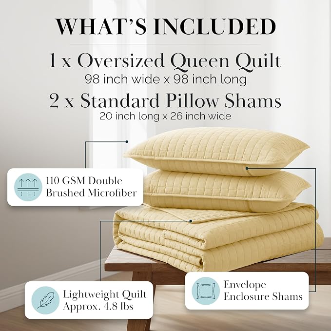 Southshore Fine Living, Inc. Full/Queen Quilt Bedding Set, Cozy Coverlet Queen Size Bedspread, Wrinkle-Free, Pet Hair Resistant Bedding, Full Size Quilt Coverlet w/2 Pillow Shams, Gold