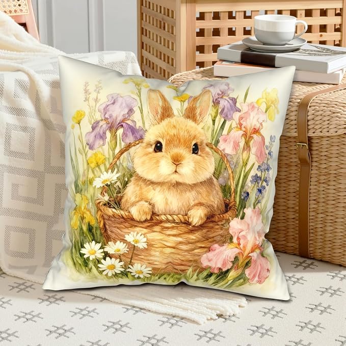 Set of 2 Spring Easter Throw Pillow Covers Watercolor Lovely Bunny Pillow Covers 24x24 Rabbit Daisy Iris Floral Pillow Cases Spring Holiday Cushion Cases for Home Sofa Decor
