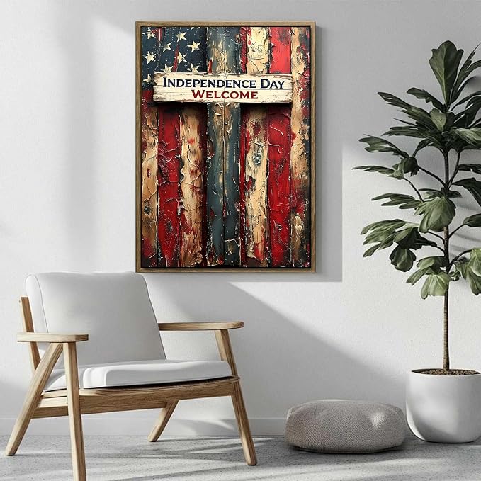 American Flag Framed Canvas Wall Art, 4th of July Patriotic Canvas Prints | USA Flag Wood Texture Poster Print, 4th of July Red White Blue Wall Decor for Bedroom Living Room 20×24in