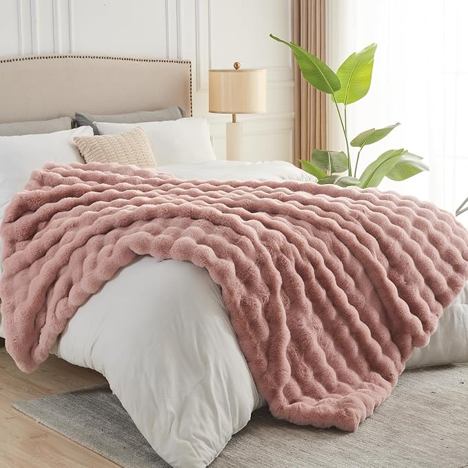 NEWCOSPLAY Faux Fur Thick Bubble Twin Blanket for Couch, Pink, 60"x80" | Luxury Fluffy Thick Warm Bubble Blanket for Couch Sofa Bed 1000GSM, Soft Plush Cozy Decorative Throw, Gift for Women Men