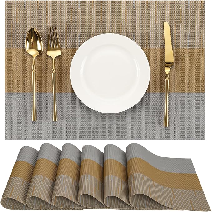Placemats Set of 6, Vinyl Woven Heat-Resistant Place Mats | Washable Wipeable PVC Table Mats, Non Slip Placemat for Kitchen Dining Indoor Outdoor Table (Gray Light Brown, Set of 6)