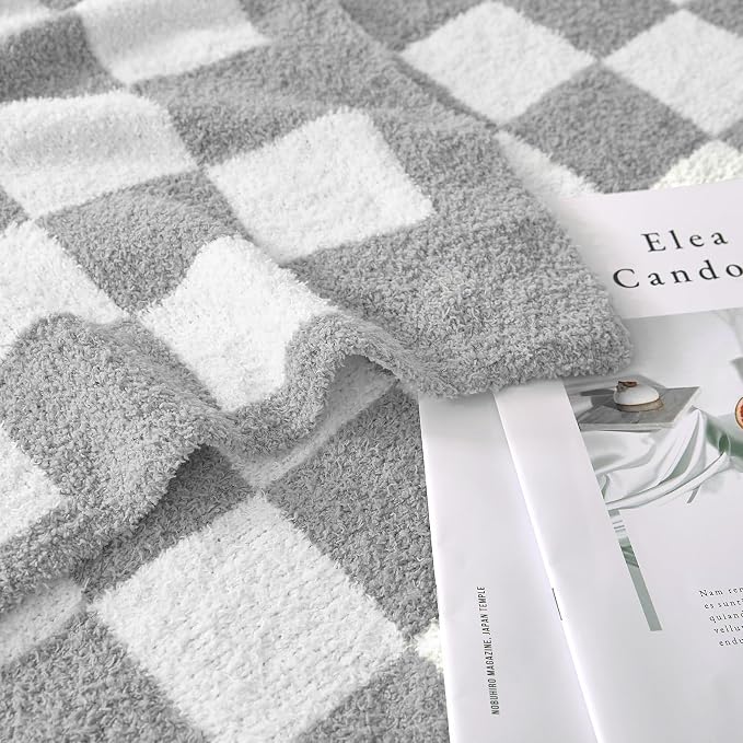 Checkered Throw Blanket for Couch, Soft Cozy Warm Knitted Blankets | Lightweight Fuzzy Travel Warm Decor for Women, Mom, Girls, Sofa, Chair, 50x70in, Light Grey