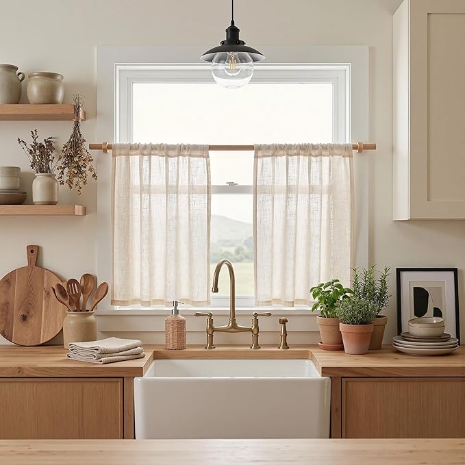 MYSKY HOME Kitchen Semi Sheer Linen Curtains 24 Inch Long, Light Filtering Window Panels Rod Pocket Valance Neutral Drapes for Small Window/Cafe/Bathroom Basement, Linen, 2 Panels, 34 x 24 Inch