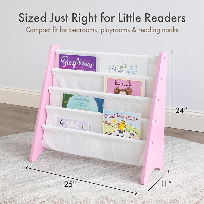 Humble Crew Kids Bookshelf, Montessori Front Facing Toddler Bookcase 4 Tier | Book display rack and reading nook organizer, nylon pockets show covers face out, compact for any playroom or bedroom space