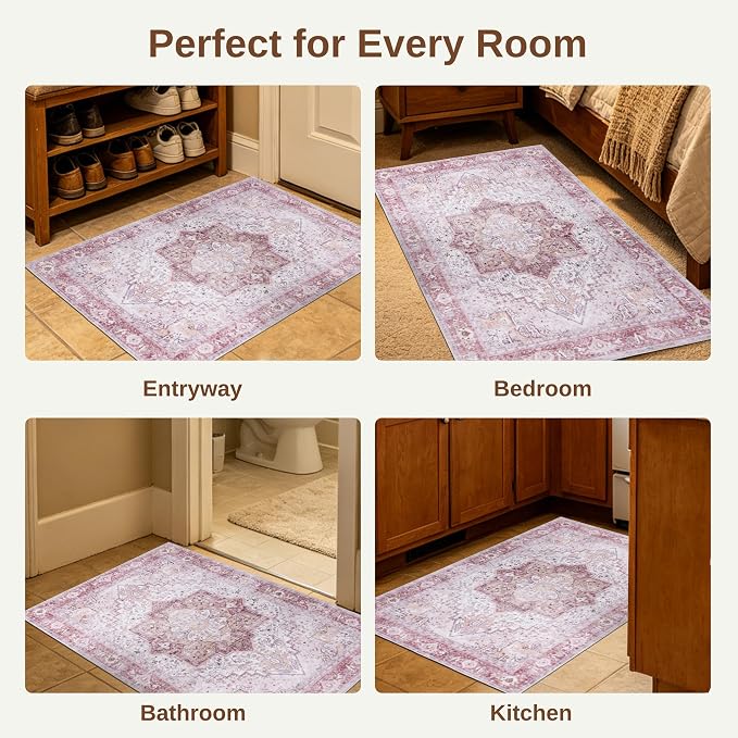 Pink Washable Rug 2x3, Non Slip Indoor 2x3 Entryway Rug | Soft faux wool, machine washable & stain resistant. Non-slip rubber backing, low pile. For entryway, kitchen, hallway.