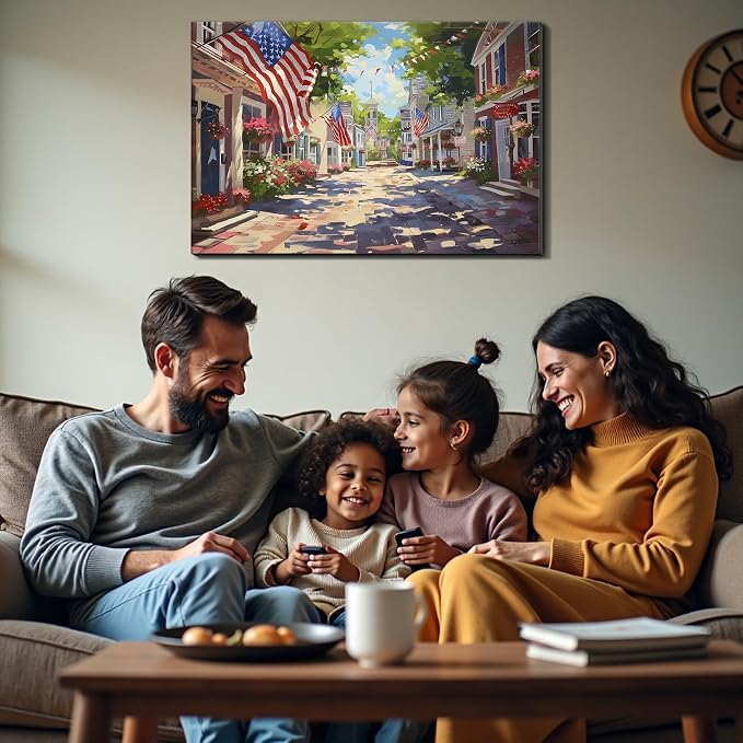 Framed Patriotic Small Town USA Wall Art, American Flag Street Canvas Art Pictures, Vintage Main Street Wall Decor for Living Room Entryway Dining Room, Ready to Hang Made in USA