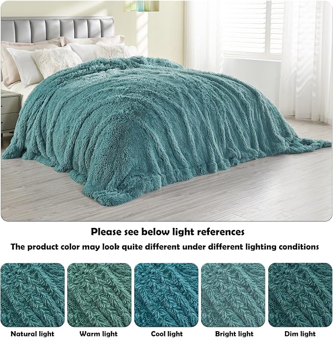 GONAAP Fuzzy Faux Fur Queen Blanket for Couch, Light Teal, 90"x90" | Warm Cozy Plush Shaggy Decorative Reversible Thick Non-Heated Fleece Blanket for Sofa Bed, Gift for Women Men, All Season Use