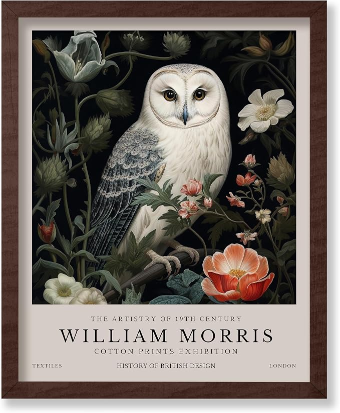 Monem Art William Morris Poster - Owl and Flowers Print - Farmhouse Design - Floral Illustration - Aesthetic Print - Living Room or Bedroom Wall Decor - 11x14 Brown Framed