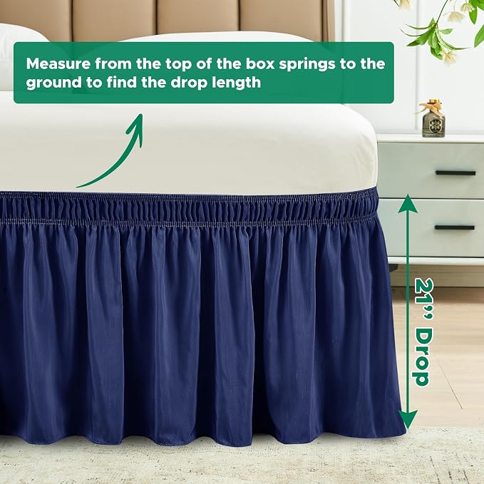Wrap Around Bed Skirt King Size 21" Drop-Elastic Long Dust Ruffle Navy | Adjustable Pleated Bedskirt-Easy Fit Wrinkle Resistant Washable Hotel Quality Fabric Bed Skirting-Master Guest Bedroom Rental