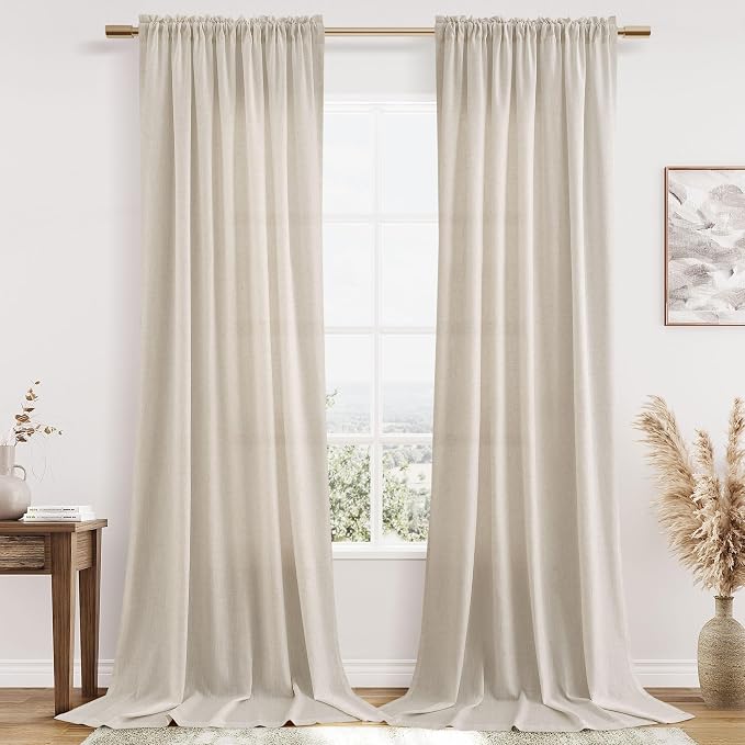 Birch Beige Linen Curtains 102 Inches Long Rod Pocket Semi Sheer Dining Room Cozy Bedroom Decor Cotton Look Country Rustic Farmhouse Boho Curtains 2 Panel Set,52x102