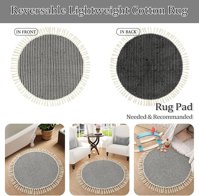 Lahome Boho Black and White Round Rug 3ft, Small Circle Bathroom Rugs | Lightweight Washable Rugs for Entryway with Tassels, Farmhouse Woven Cotton Non Shedding Mat for Dorm Bedroom Kitchen