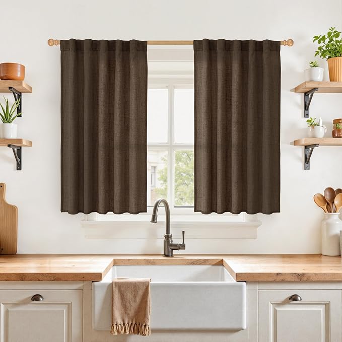 YoungsTex Brown Linen Curtains 40 Inches Long, Short Light Filtering Drapes with Back Tab Rod Pocket Privacy for Bathroom Kitchen Living Room Window, 2 Panels, 42 X 40 Inch