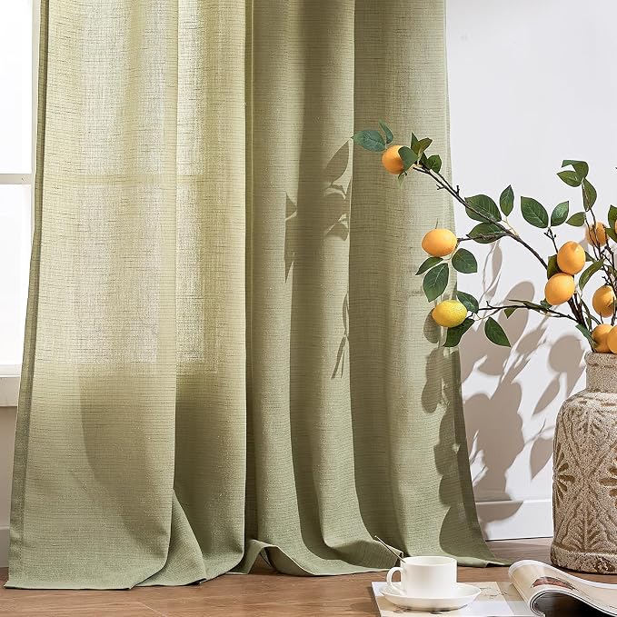 jinchan Custom Size Curtain Linen Curtain 1 Panel Sage Green Semi Sheer Curtains for Living Room Bedroom Neutral Cottage Core Home Office Light Filtering Drape Rod Pocket Back Tab
