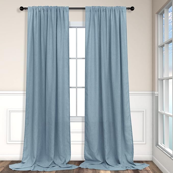 Extra Long Curtains for Living Room Patio Sliding Glass Door 120 Inch Length Linen Sheer Light Filter Curtains & Drapes for Villa Cottage Country House Back Tab Pocket 12 Feet 12ft 52x120 Stone Blue