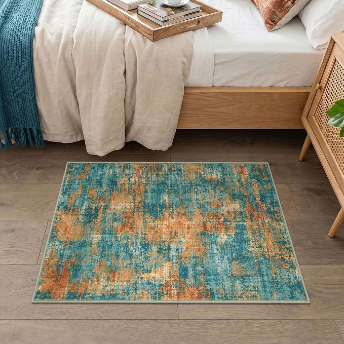 Lansny Abstract Washable Entryway Rug 2x3 Area Rug Small Non Slip Door Mat | Teal/Orange;Thin Printed Faux Wool Kitchen Rugs;Indoor Front Door Rug;Entry Rug;Throw Rugs for Foyer,Entrance;Floor Carpet