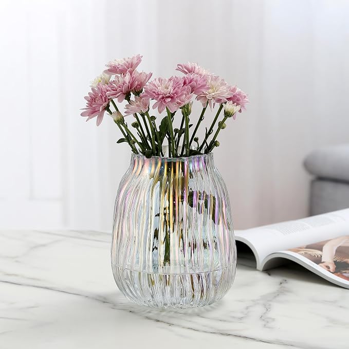 Large Colored Glass Vase for Home Decor Ribbed Tall Gold Floor Vase 8.0" Decorative Vases for Table Centerpieces Flowers Decor and Farmhouse(Colored 8.0in)