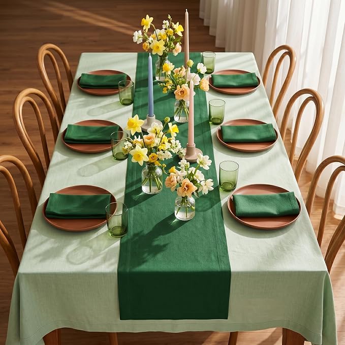 Solino Home 100% Pure Linen Table Runner Pine Green Long, Fete 14 x 90 in | brings a tailored look to family meals and hosting, European flax fibres, naturally breathable, soft, OEKO-TEX Certified