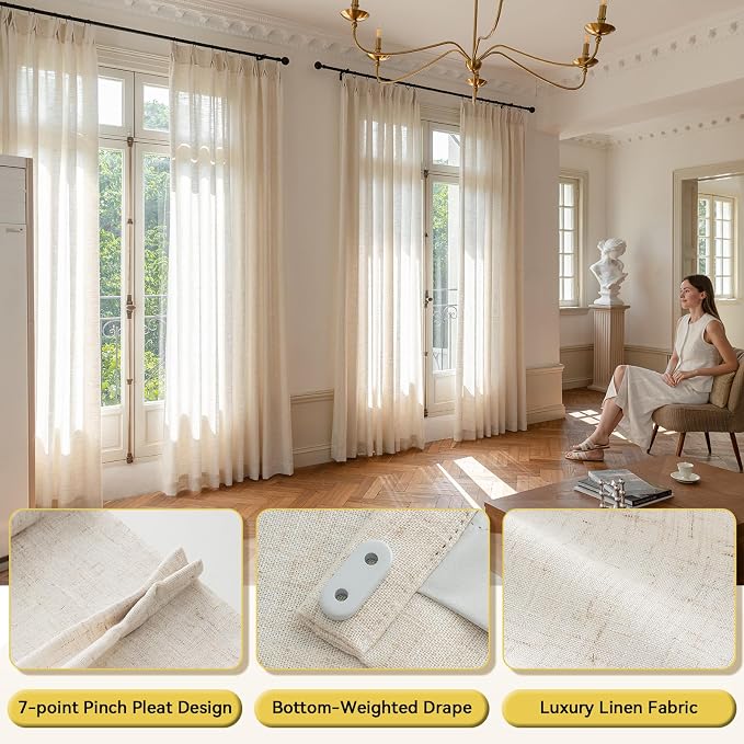 Liz Pinch Pleated Linen Curtains 84 Inches Long - Light Filtering Curtains for Living Room, Semi Sheer Window Curtains for Bedroom, Luxury Pinch Pleat Drapes with Hooks, Natural, 2 Panels Set