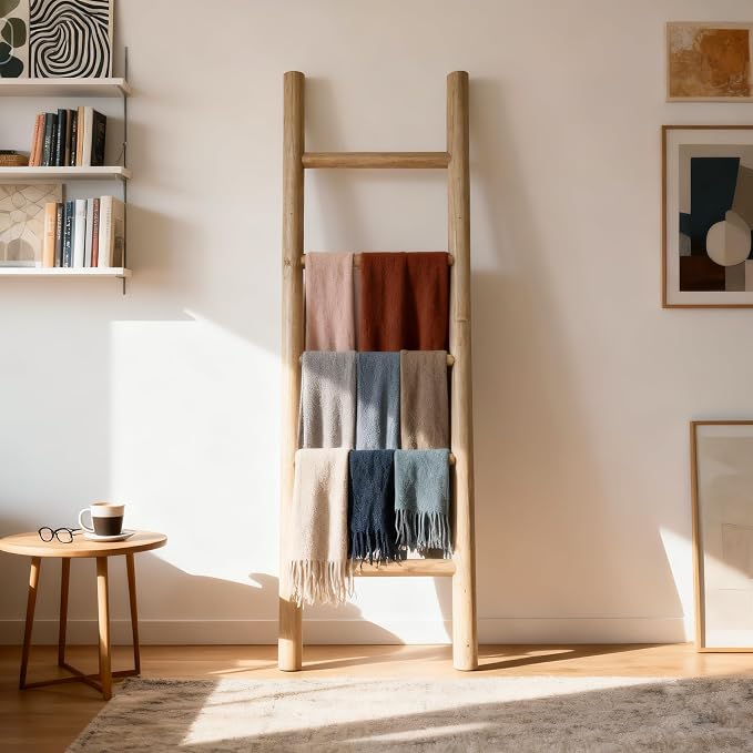 Wooden Blanket Ladder - 57in Natural Wood Color- Leaning Wall Decor for Bedroom, Bathroom, Living Room - Rustic Quilt Holder (Natural Wood Color, 57in | Knock Down)