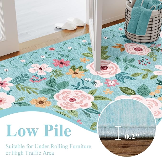 DUKINO 2.6x8 Runner Rug, Washable Runner Rug for Hallway Non Slip, Teal | Low Pile, Soft, Floral Indoor Rug for Kitchen, Entryway, Bedroom, Bathroom, Pet Friendly, Stain Resistant, Modern Home Decor