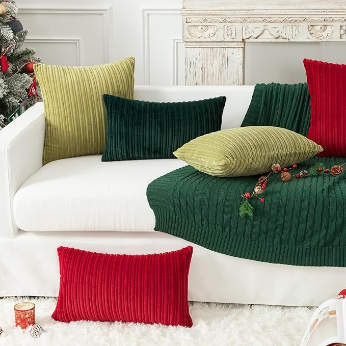 Kevin Textile Striped Corduroy 20”x20” Pillow Covers 2 Pack, Dark Green