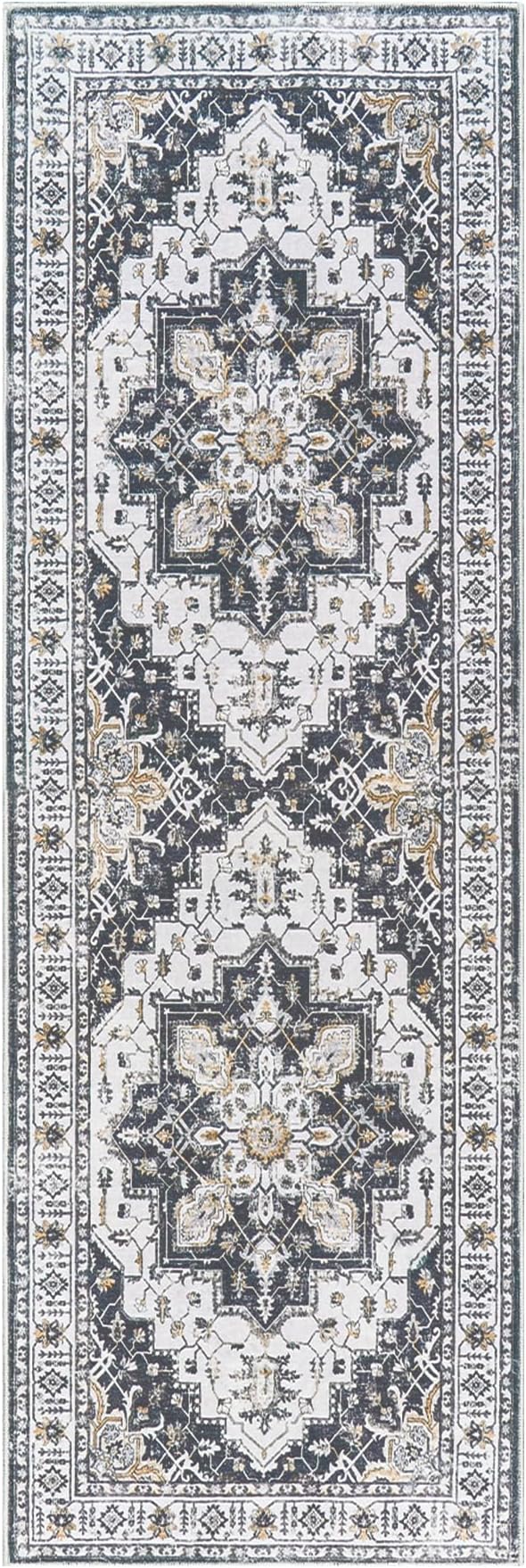 Madane Kitchen Runner 2'6''x8' Soft Rug Runners for Hallways, Black | Vintage Machine Washable Rugs 2.5x8 Ft, Non-Slip Low Pile Stain-Resistant 8ft Floor Carpet for Laundry Room, Corridor