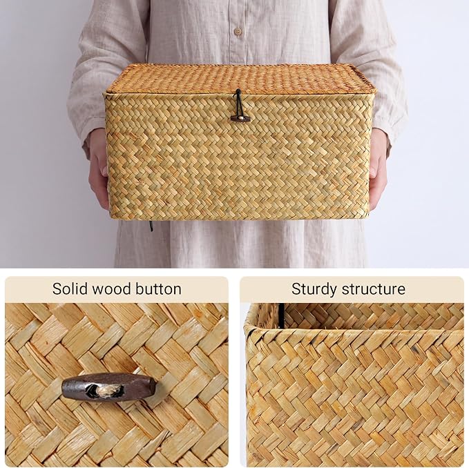 Nonam Large Wicker Basket with Lid,Seagrass Shelf Storage Basket,Natural | Basket Container for Organizing, Boho Decorative Basket, Rectangular Household Storage Boxes for Home Organization