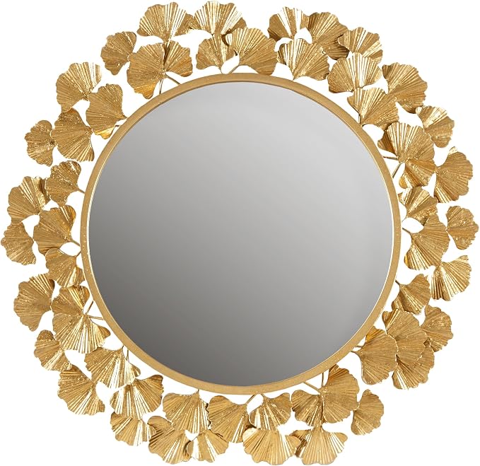 Martha Stewart Wall Décor Large Gingko Leaf Round Wall Mirror for Living Room, Iron Metal Plate Frame Antique Finish, Ready to Hang Bedroom Decoration, Eden, 30.5", Gold