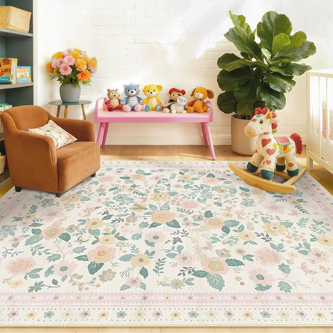 Washable Floral Area Rug for Living Room 5x7 Light Beige | Non-Slip，Vacuum-Friendly, Low Pile, Flower Carpet for Bedroom Kitchen Entryway Dining Room Office Nursery