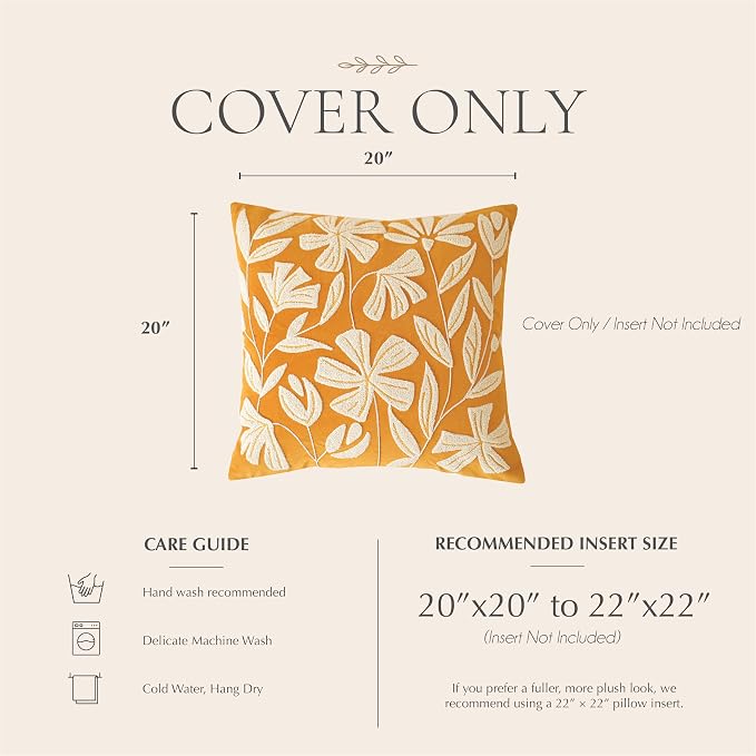 BlissBlush Throw Pillow Cover 20x20 Inch, Mustard Floral Tufted Velvet Decorative Accent Pillow Case for Sofa Bed Living Room, Cover Only