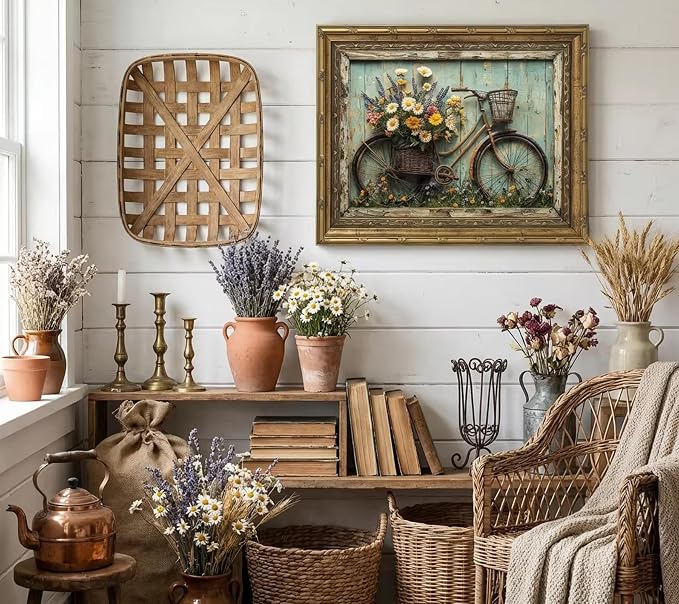 Gold Framed Rustic Farmhouse Daisy Floral Wall Art Vintage Bicycle Flower Painting Picture Canvas Wall Decor Country Still Life Poster Print for Bathroom Living Room Bedroom Home Decoration 12x16in