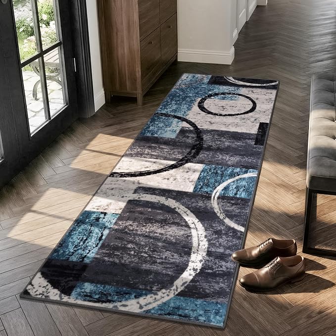 Yamaziot 2x6 Washable Modern Abstract Runner Rug Non-Slip for Hallways | Stain Resistant Kitchen Rug with Rubber Backing, Low Pile, Ultra Soft Carpet Runner for Bedroom, Laundry, Entryway, Blue