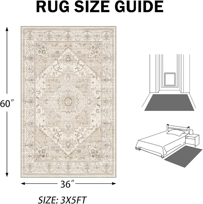 AooHHooA 3x5 Washable Entryway Rug Beige, Soft Stain Resistant 3x5 Boho Rug Vintage Small Rugs for Entryway, Low Pile Lightweight Non-Slip Indoor Door Mat Small Rugs for Bedroom Bathroom