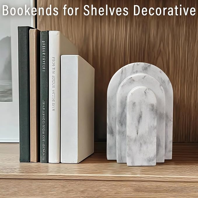 LIN CHUAN Heavy Duty Bookends for Shelves, Set of 2, Marble White Look | Book Ends for Heavy Books, Decorative Book Stopper with Faux Sandstone Finish, Layered Arch Design Bookshelf holder, 6.6 lbs