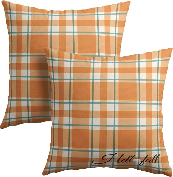 Orange Stripe Fall Throw Pillow Cover 16x16 Inch Set of 2 Hello Fall Stripes Buffalo Plaid Decorative Pillow Protector Pumpkin Autumn Thanksgiving Outdoor Cushion Case for Home Sofa Porch