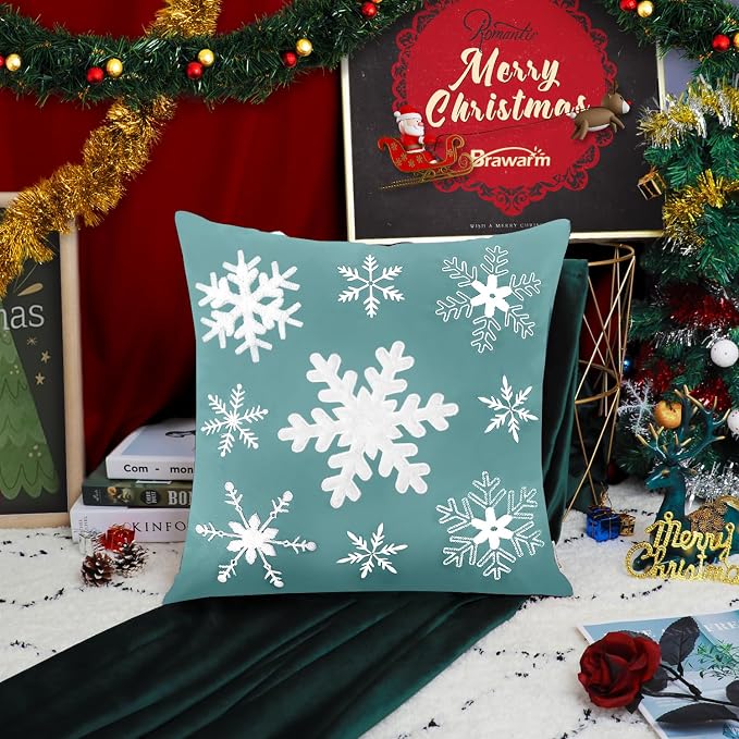 BRAWARM Christmas Pillow Cover 18 X 18 Inches, Teal Snowflake Embroidered Pillow Cover, Soft Velvet Decorative Throw Pillow for Couch Bed Sofa Living Room Home