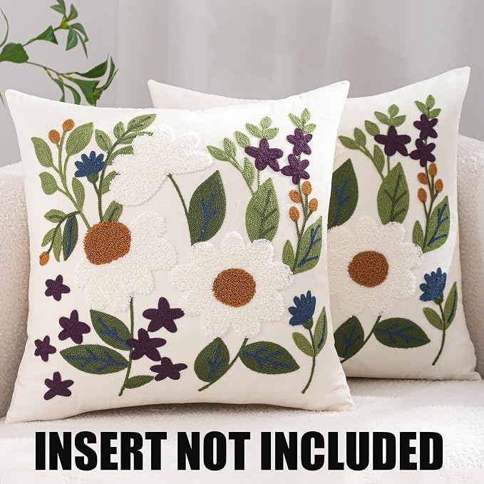 Embroidered Throw Pillow Covers 18x18 Pack of 2 Green Leaves Daisy Pillow Covers Floral Pillowcases Farmhouse Pillow Cushion Cases Square Flower Boho Pillow Case Summer Decor