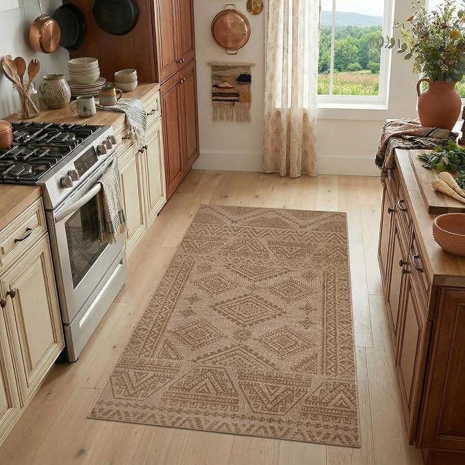 jinchan 3x5 Faux Jute Area Rug Washable Boho Entryway Rug, Natural Taupe | Southwestern Geometric, Non-Slip, Low Pile, Indoor Outdoor, Kitchen, Bathroom, Laundry Room, Porch, Balcony, Bedroom, Patio