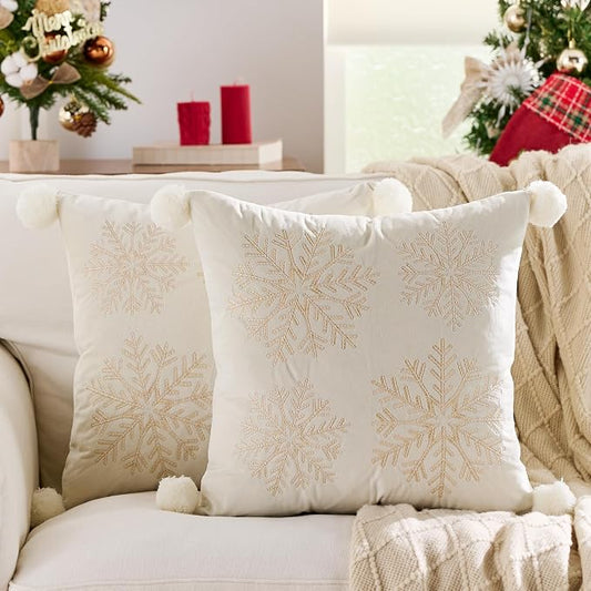 KINDREX Christmas Pom poms Snowflake Throw Pillow Covers 18x18 Set of 2 Winter Holiday Decorative Embroidered Soft Velvet Accent Pillowcase for Sofa Couch Bed Living Room Festivals Home Decor,White